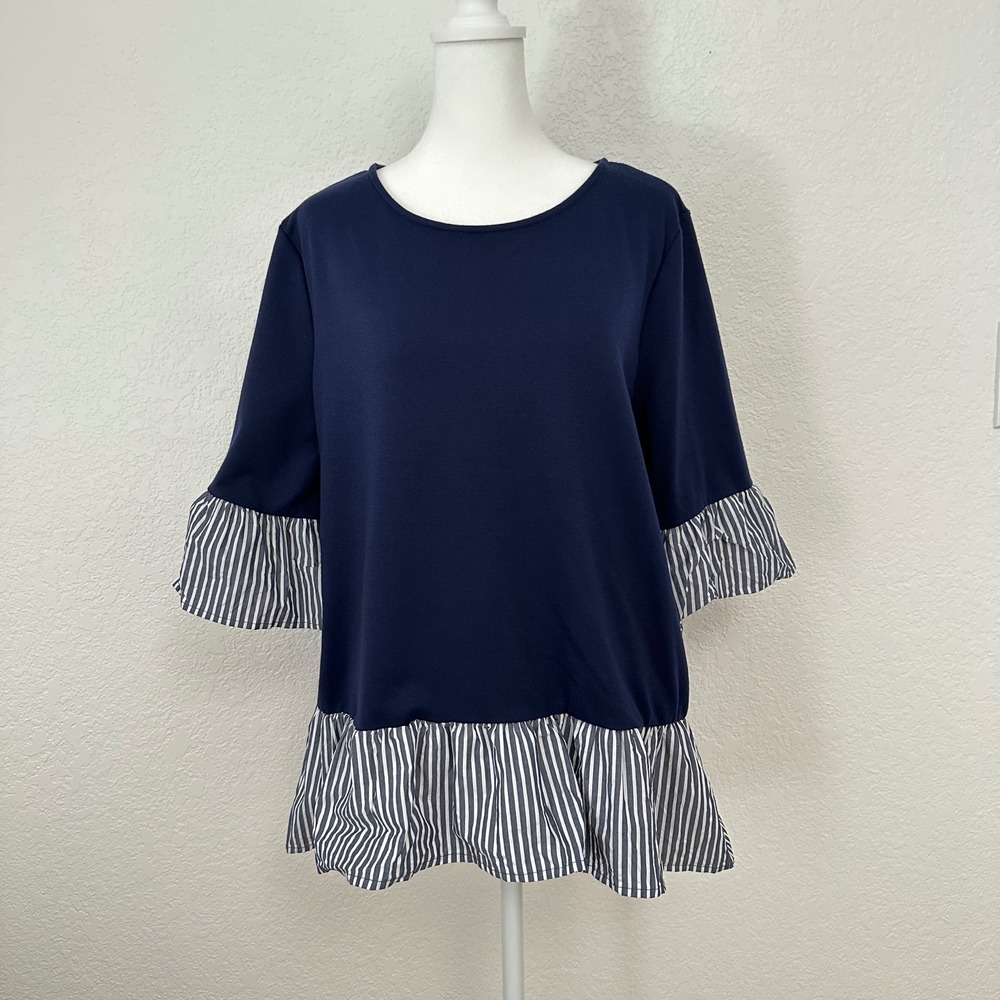 Pleione Peplum Top Women XL Navy Blue Striped Ruffle Bell Sleeve Casual Preppy
